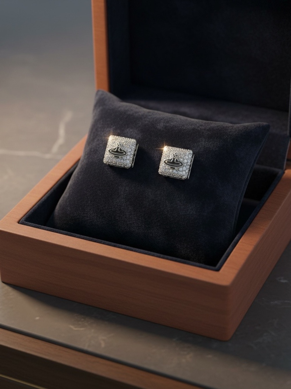Crystal Pavé Square Earrings with Black Orb Accent - Silver